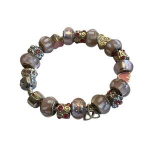 Pink beaded bracelet silver tone chain variety glass beads hearts & rhinestones